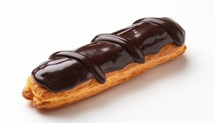 Obraz premium a traditional French éclair, featuring a choux pastry filled with rich pastry cream and topped with a glossy chocolate glaze, set against a clean white background
