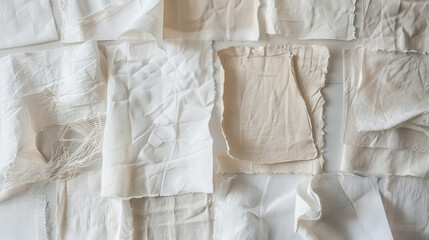 Obraz premium Cotton fabric squares in different shades of white on a plain backdrop, showcasing the different textures and finishes of the fabric.