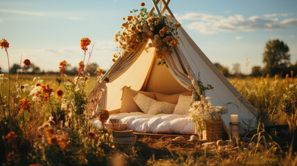 A tent in a field. Created with generative AI