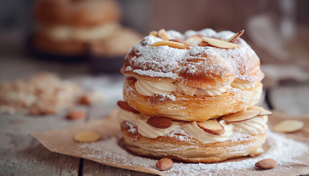 a traditional French Paris-Brest pastry, featuring a ring of choux pastry filled with praline cream, garnished with sliced almonds and powdered sugar