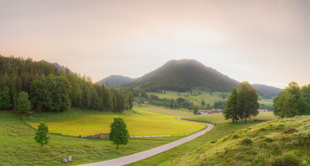 Meadow with road and bench during sunset in Berchtesgaden National Park