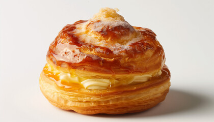 a traditional French Saint-Honoré, featuring a base of puff pastry and choux pastry, filled with pastry cream and topped with caramelized sugar, set against a clean white background