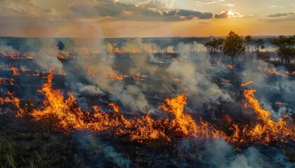Fototapeta premium A field fire burns with flames and smoke at sunset.