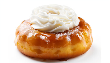 a traditional French Savarin, featuring a ring-shaped yeast cake soaked in rum syrup and typically topped with whipped cream or fruit, set against a clean white background