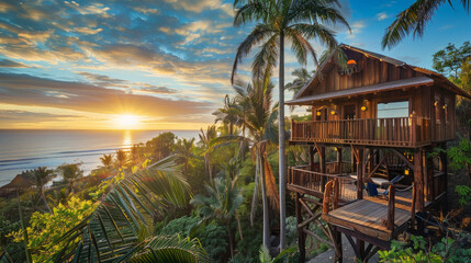 Fototapeta premium Enjoy stunning views from your own treehouse overlooking palm trees and the ocean.