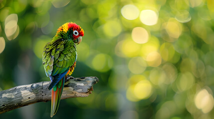 Naklejka premium Juvenile Parrot Perched on Branch with Vibrant Plumage and Natural Environment