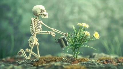 Skeleton gently watering flowers in a lush garden