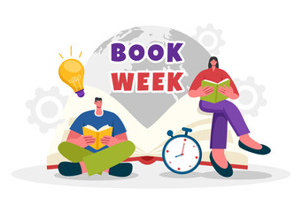 Book Week Events Vector Illustration with People Reading or Students Studying Textbooks in a Flat Style Cartoon Background