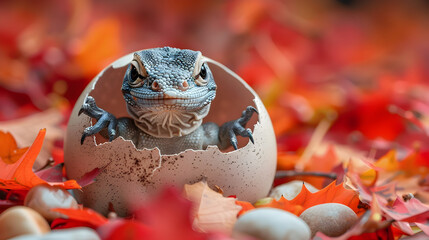 Playful Baby Komodo Dragon Nesting in Vibrant Red Leaf Litter
