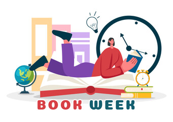 Book Week Events Vector Illustration with People Reading or Students Studying Textbooks in a Flat Style Cartoon Background