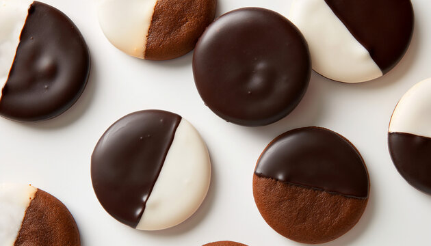 classic black and white cookies, featuring large, round cookies with a half-vanilla, half-chocolate fondant glaze, set against a clean white background