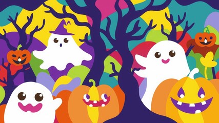 Naklejka premium Adorable Ghosts and Pumpkins Playing in a Bright and Cheerful Halloween Forest