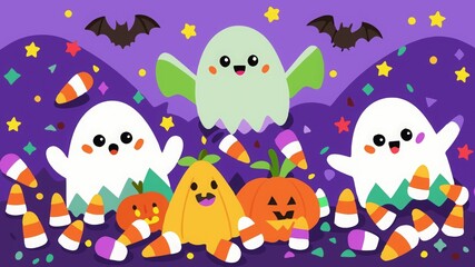 Fototapeta premium Adorable Ghosts Playing Hide and Seek Among Colorful Candy Corn and Cheerful Bats