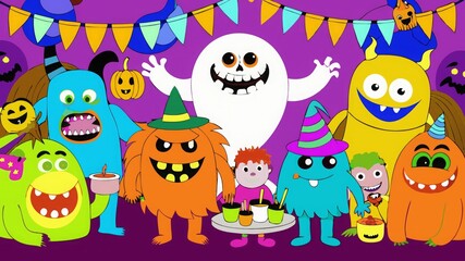 Naklejka premium Friendly Monsters and Happy Ghosts at a Fun Halloween Party