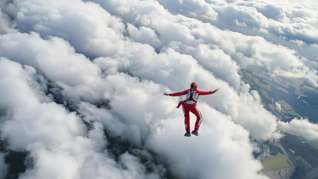 Skydiver plunges through billowing clouds. Aerial view captures daring descent, red suit contrasting dramatically against white sky expanse, embodying thrill and freedom.	