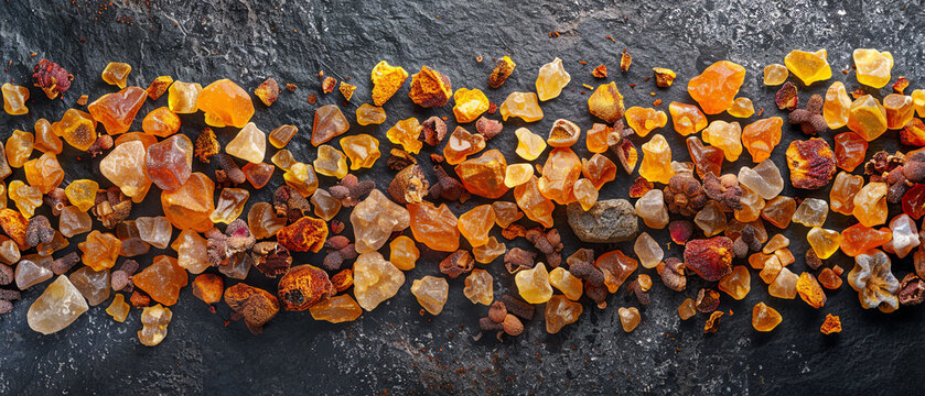 A pile of amber stones on a black background. - Powered by Adobe