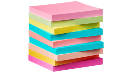 Stack of assorted colorful sticky post-it note papers isolated on transparent background in PNG format for office and school supplies