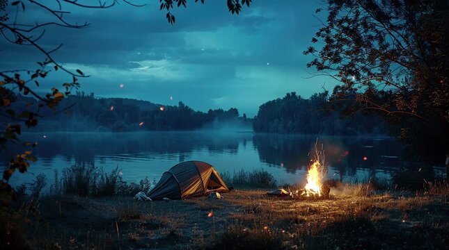 Glowing tent and bonfire by a serene lake under a starry night in a fantasy landscape.
  Seamless looping 4k time-lapse virtual video animation Generated AI