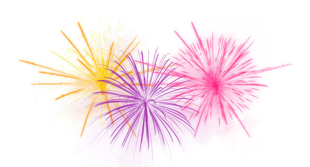 Fototapeta premium Colorful fireworks display against a transparent background , featuring vibrant bursts of yellow, purple, and pink. Perfect for festive, celebration, and holiday-themed projects
