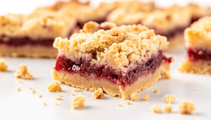 classic crumble bars, featuring a buttery, crumbly base topped with a layer of sweet fruit filling and finished with a streusel topping, set against a clean white background