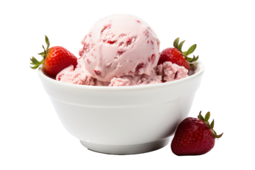 Delicious strawberry ice cream PNG with transparent background, perfect for digital design projects, menus, and advertising, featuring creamy pink ice cream scoop with realistic texture and sweet berr