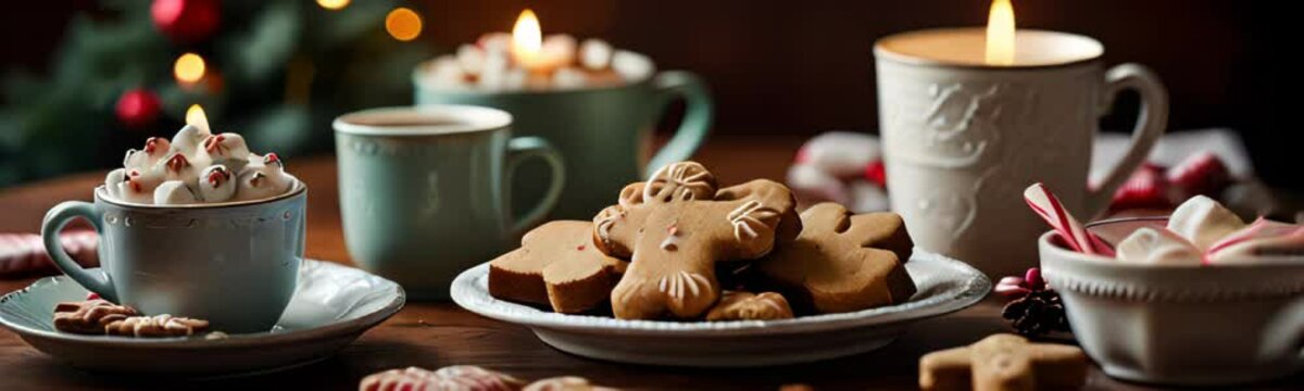 cozy composition of Christmas decoration homemade gingerbread hot chocolate and candles on wooden table. Christmas decorated web banner