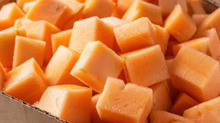 Fresh Diced Melon Cubes in a Rustic Cardboard Container