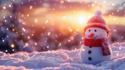 Fototapeta premium Cheerful snowman with a red hat and scarf