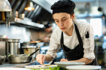 Fototapeta premium Moivierte Auszubildende bei der Arbeit als Köchin in der Restaurant Küche