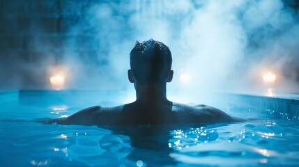 A man relaxes in a sauna hot tub surrounded by steam. Relaxation and water wellness. Soothing blue glow