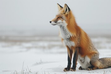 Obraz premium Red fox sitting in a snowy landscape with a focused gaze forward