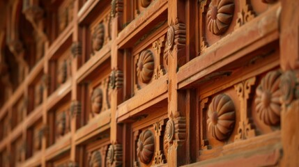 Close-up of ornate wooden carved door panels with intricate floral designs, showcasing traditional craftsmanship and detailed artistry.