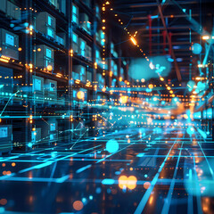 A holographic projection of a supply chain network diagram in a logistics center, business, dynamic and dramatic compositions, with copy space Generative AI	
