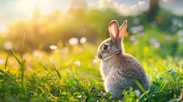 Cute easter bunny sitting on the green grass looking at the sky