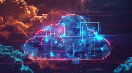 Abstract virtual cloud computing network with digital data processing, technology concept for cloud-based services and connectivity solutions


