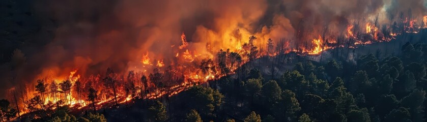 Fototapeta premium Aerial view of a forest fire burning intensely.