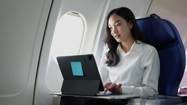 Attractive Asian businesswoman passenger sitting on business class luxury plane working on laptop computer during international travel Tourism, live broadcast, travel diary online business ideas.