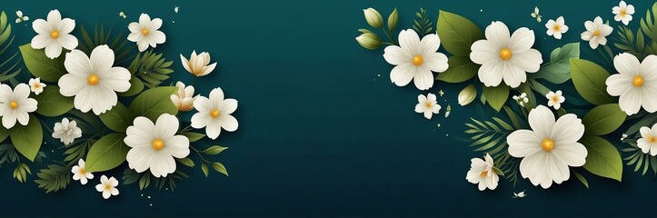 Fototapeta premium mini green flowers theme border and blue background website banner