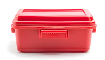 Red plastic cool box isolated on white