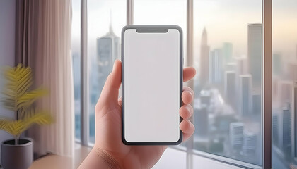 Hand holding a empty white screen phone with blank screen hand holding a smartphone  new apartment or hotel room in the background Person holding smartphone, phone mockup, mobile device in hand

