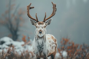 Majestic deer standing in a snowy forest with antlers displayed.