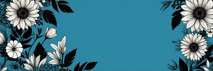 Fototapeta premium mini black flowers theme border and blue background website banner