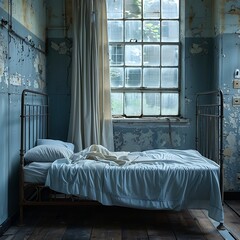 Interior of modern bedroom with white bed and alarm clock on bedside table, bedroom, interior, bed, room