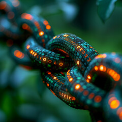 Obraz premium Digital blockchain concept with glowing code on a chain.