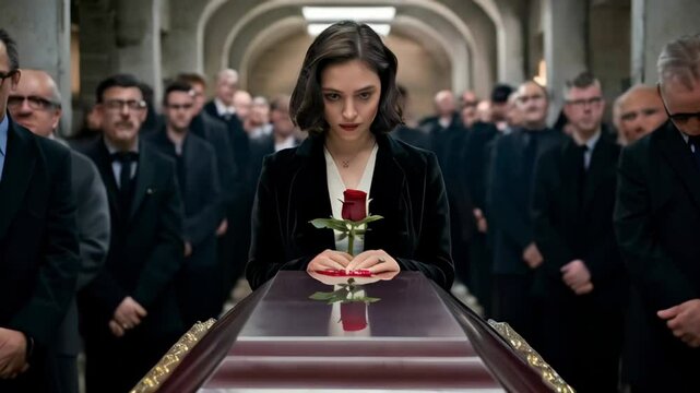 Mourning Woman Holding Rose at Funeral with Casket Surrounded by Mourners