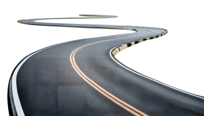 Curved double-lane road with yellow lines isolated on transparent background with clipping path cut-out.
