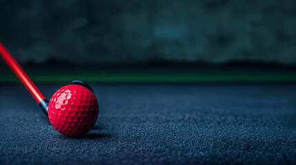 The golf ball is in sharp focus, positioned centrally in the frame. The dimples and any branding or markings on the ball are clearly visible, showcasing its texture and details.
