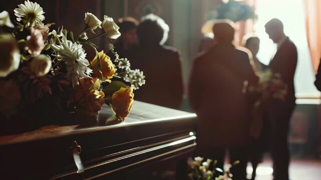 A Funeral Gathering with a Flower-Decorated Coffin