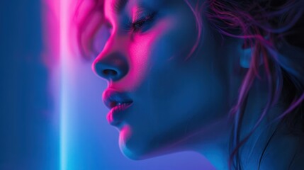 Fototapeta premium Profile of a woman with colorful neon lighting, blue and pink hues blending Closeup, soft focus, dreamy effect