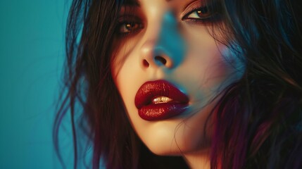 Fototapeta premium Portrait of beautiful young woman with bright maroon color light